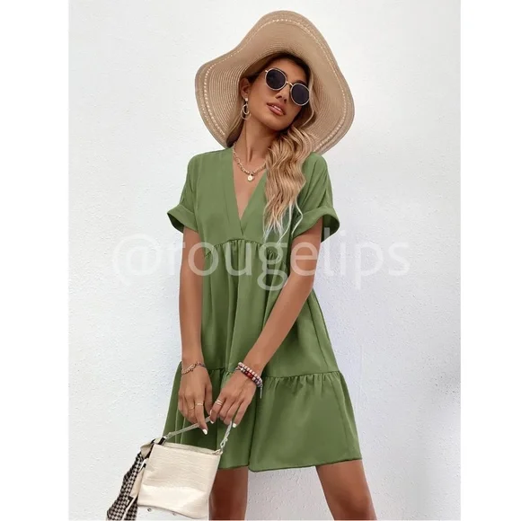 Army Green Short Sleeve Loose Fitting Mini Dress V-Neck Ruffle Flared Hem - Picture 2 of 7